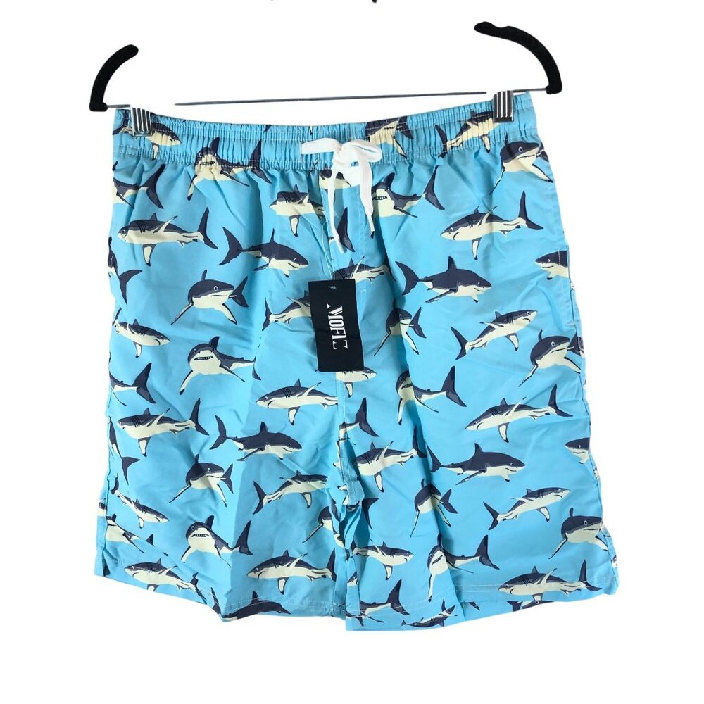 Mofiz Mens Swim Trunks Mesh Lined Drawstring Shark Print Blue XL